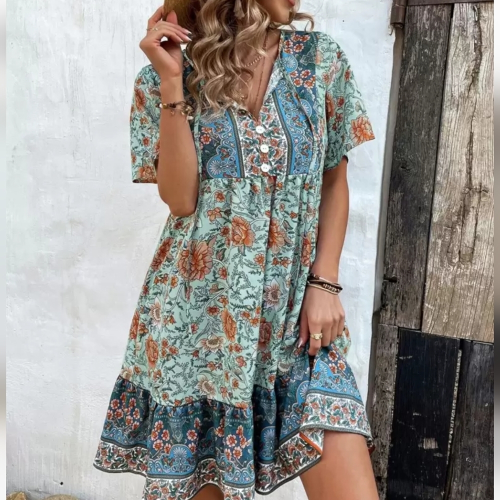 Floral Print Mini Dress - Multicolor